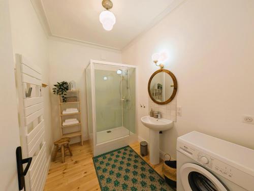 a bathroom with a shower and a sink and a washing machine at Chez flader, deux pièces de 55m2 centre historique in Langeac