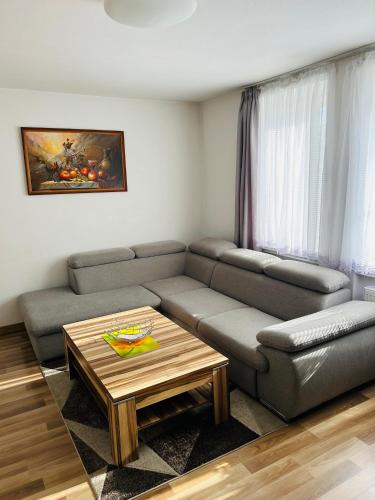 a living room with a couch and a coffee table at Apartmán Studničky v centre Žiliny in Žilina