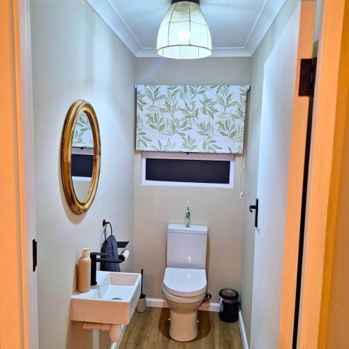 a bathroom with a toilet and a sink and a mirror at Weekend at Bernies in Pringle Bay
