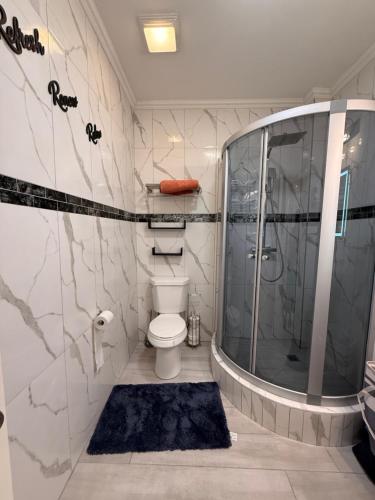 a bathroom with a shower and a toilet at Lumiere Suites in Georgetown