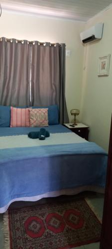 a bedroom with a bed with blue sheets and a window at Suite em Lumiar in Lumiar