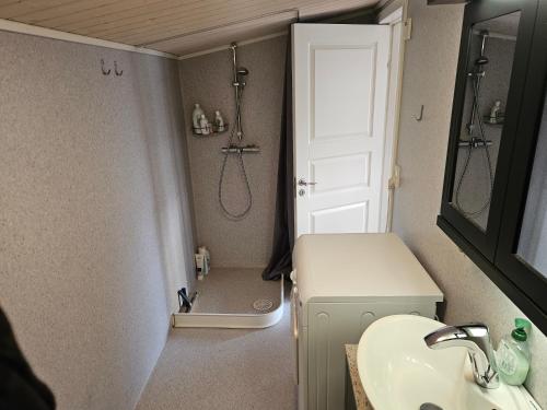 a bathroom with a shower and a sink and a toilet at Mulheidar in Leynar