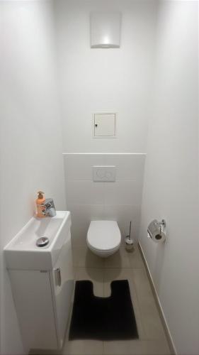 a white bathroom with a toilet and a sink at Aurora Apartment in Vienna