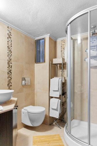 a bathroom with a toilet and a shower at Haraki Aqua Marine in Haraki