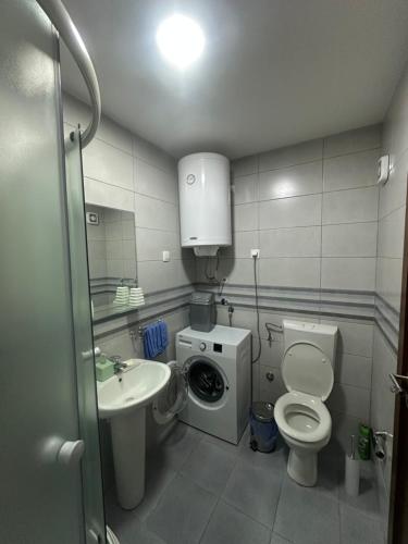 a bathroom with a toilet sink and a washing machine at Rest apartment Niksic in Nikšić