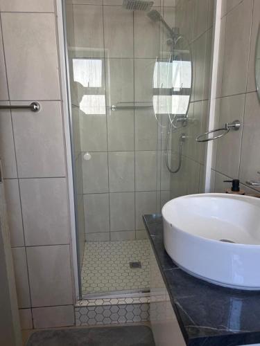 a bathroom with a shower and a white sink at Ocean Haven in Walvis Bay