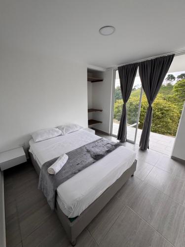 a bedroom with a large bed and a large window at casa campestre la daniela in Filandia