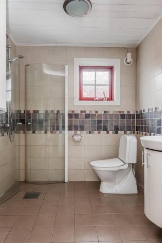 a bathroom with a toilet and a shower and a window at Torsby Camping in Torsby
