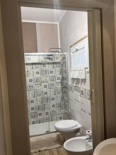 a bathroom with a shower and a toilet and a sink at B&b Oca Carolina in Buttigliera Alta