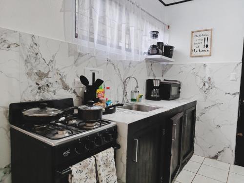 a kitchen with a stove and a sink at Casa Emma Quepos in Quepos