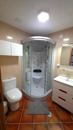 a bathroom with a shower and a toilet and a sink at Villa 7 - Vale do Lobo in Almancil