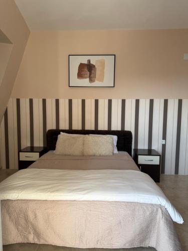 a bedroom with a bed with striped walls and a picture at M Premium Apartments in Paraćin
