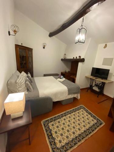 a bedroom with a bed and a desk and a television at Casinha Amarela in Cabeção