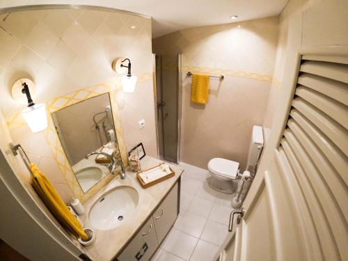 a bathroom with a sink and a mirror and a toilet at Casinha Amarela in Cabeção