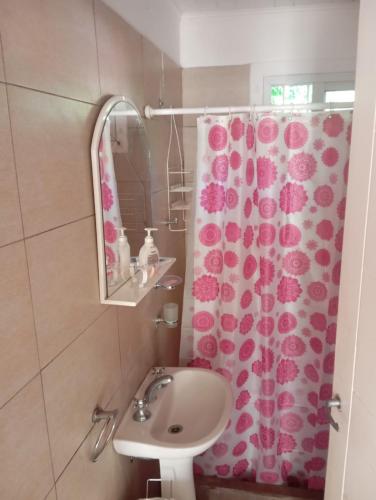 a bathroom with a sink and a shower curtain at Espacio Armonia Junin Balneario in Junín