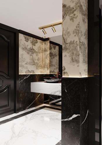 a bathroom with black walls and a marble floor at Hotel Bela Kuka - White House in Bitola