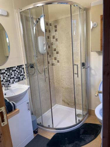 a bathroom with a shower and a toilet and a sink at Tourmakeady Self Catering in Toormakeady