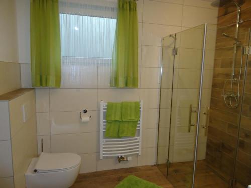 a bathroom with a toilet and a shower with green curtains at Apart Jakob in Schwendau