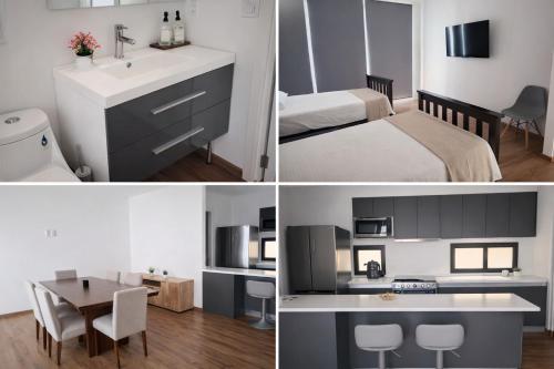a bathroom and a bedroom with a sink and a bed at Garden views in Juriquilla