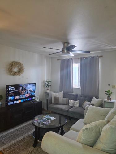 a living room with couches and a flat screen tv at RJN in Fairbanks