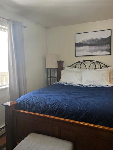 a bedroom with a bed with blue sheets and a window at RJN in Fairbanks