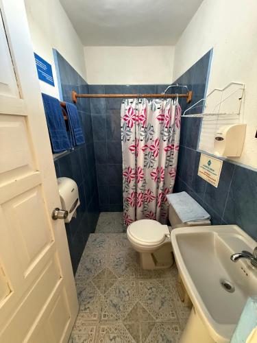 a bathroom with a toilet and a shower curtain at Hotel Witttmer in Puerto Velasco Ibarra