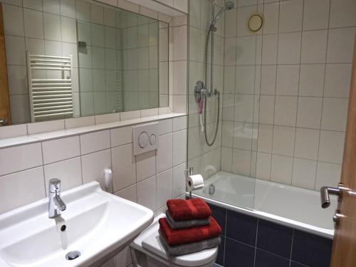 a bathroom with a sink and a toilet and a shower at Sugar Farm Weideblick in Sankt Georgen im Schwarzwald