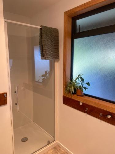 a shower in a bathroom with a glass door at Flax Ridge in Hokitika Airport