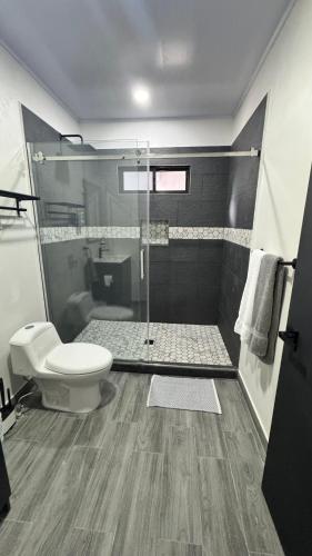 a bathroom with a toilet and a glass shower at Riverside Apartments in Jacó