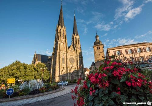 a large cathedral with two towers and some flowers at Chambre d hote in Sarralbe