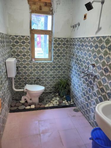 a bathroom with a toilet and a window at Aama Homestay in Tabo