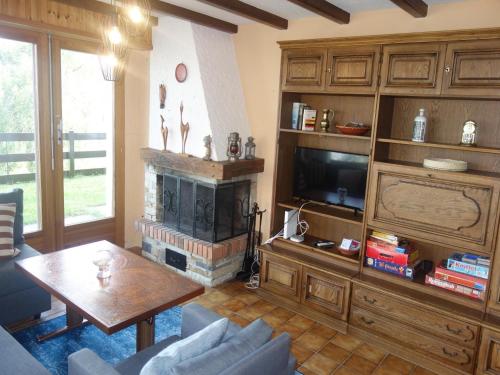 a living room with a fireplace and a television at Cozy Apartment With Mountain Views in Veysonnaz