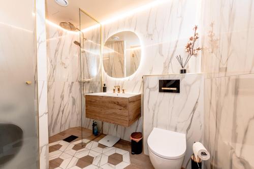 a bathroom with a toilet and a sink and a mirror at Sunset Stay Pärnu in Pärnu