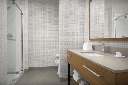 a bathroom with a sink and a toilet and a mirror at Hampton Inn & Suites Phoenix Glendale-Westgate in Glendale