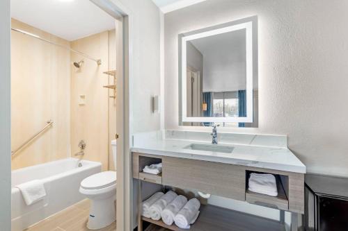 a bathroom with a sink and a toilet and a mirror at Rodeway Inn Orange Park - Jacksonville near Naval Air Station in Orange Park