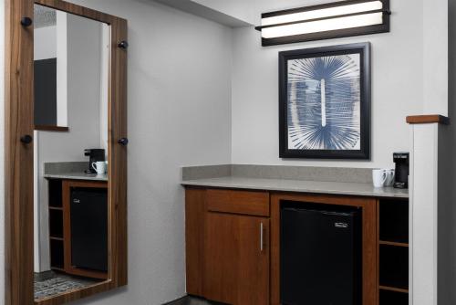 a bathroom with a sink and a mirror at Hyatt Place Indianapolis Airport in Indianapolis