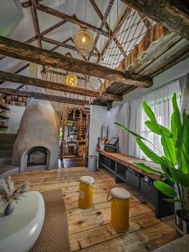a large kitchen with a pizza oven in a room at Nooks by AdyBeca - Panoramic Nook in Şuncuiuş