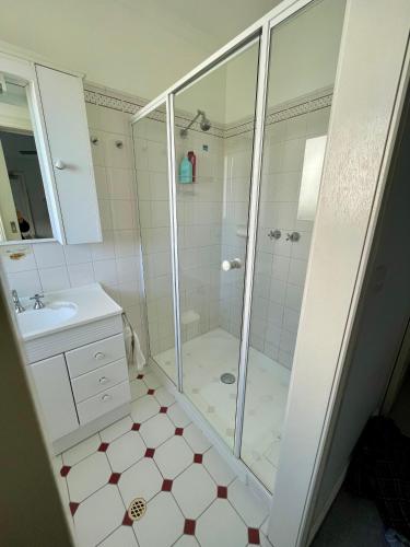 a bathroom with a shower and a sink at The Whitehouse in Emu Bay
