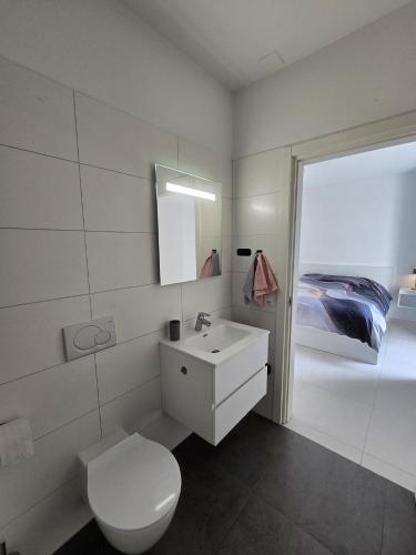 a bathroom with a toilet and a sink and a bed at Casa Chiara in Cavergno