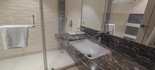 a bathroom with a sink and a shower at Sapna Clarks Inn Lucknow in Lucknow