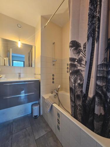 a bathroom with a bath tub and a shower curtain at Studio 2 étoiles proche thermes avec parking in Aix-les-Bains