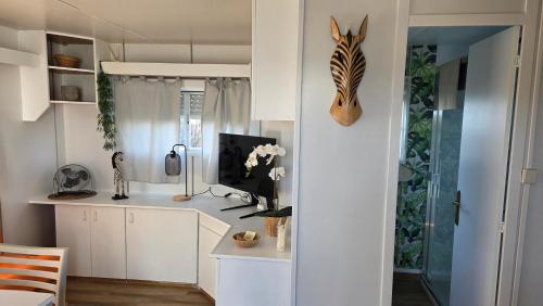 a living room with a desk and a tv in a room at Area Parking Caravane in Seville