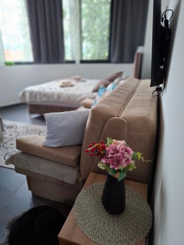a living room with a couch and a vase with flowers on a table at Sremica in Vrnjci