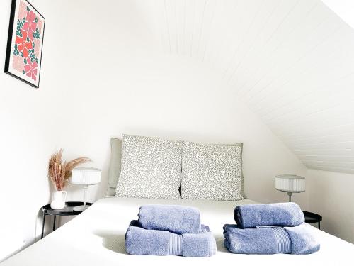 a bedroom with a bed with two blue pillows at L'Orchidée Marine, T2, 100m plage et du commando in Saint-Nazaire