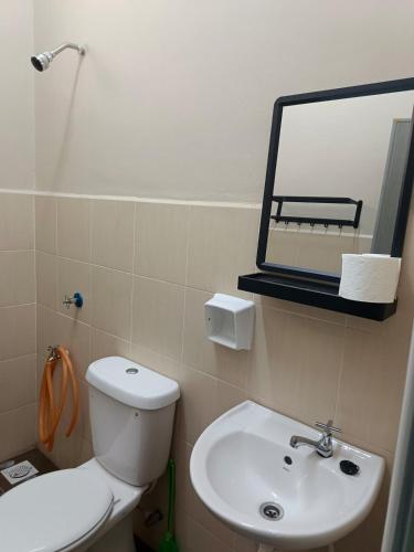 a bathroom with a toilet and a sink and a mirror at AZALEA Homestay Segamat in Segamat