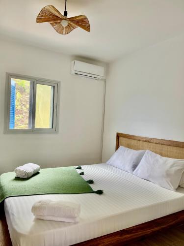a bedroom with a bed with a ceiling fan at Le petit Relais 1 in Andilana