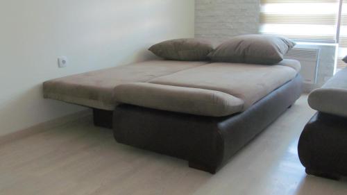 a couch with two pillows on it in a living room at Apartments Vanja i Vrh in Kopaonik