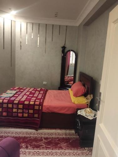 a bedroom with a bed and a large mirror at Ancient Bakyard Guesthouse in Abū Şīr