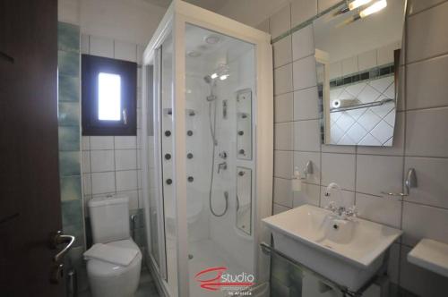 a bathroom with a shower and a toilet and a sink at Guesthouse 4 Seasons in Árnissa