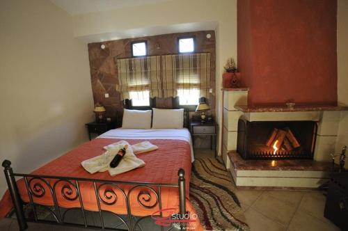 a bedroom with a bed and a fireplace at Guesthouse 4 Seasons in Árnissa